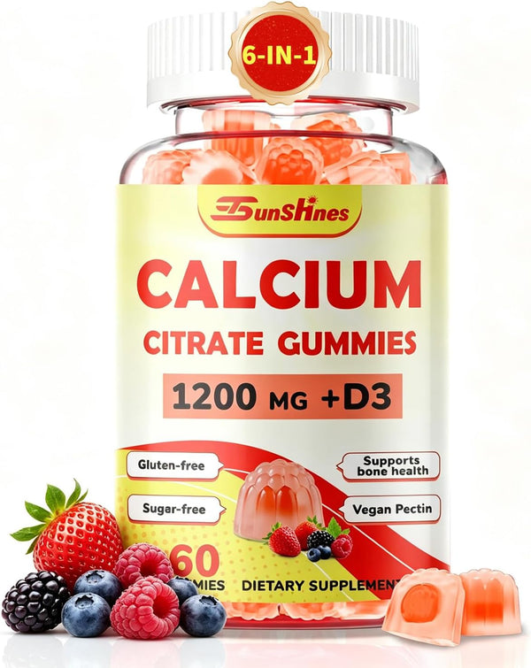 Calcium 1200 mg with Vitamin D3 K2 Gummies,High Absorption for Women and Men with B6, B12, Zinc, Sugar-Free Calcium Supplements Citrate Gummies for Bone, Immune Support (60 Count(Pack of 1))