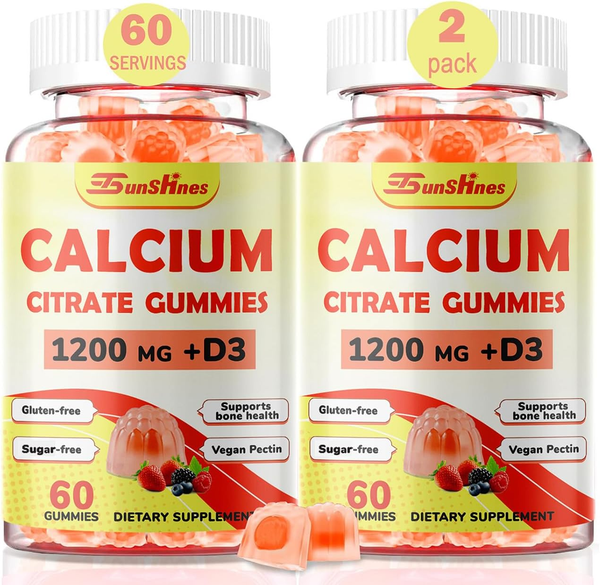 6-in-1 Calcium Gummies 1200mg – Bone & Immune Support with D3 K2, B6, B12 VC & Zinc – High Absorption Citrate, Sugar Free for Women and Kids(60 Count (Pack of 2))