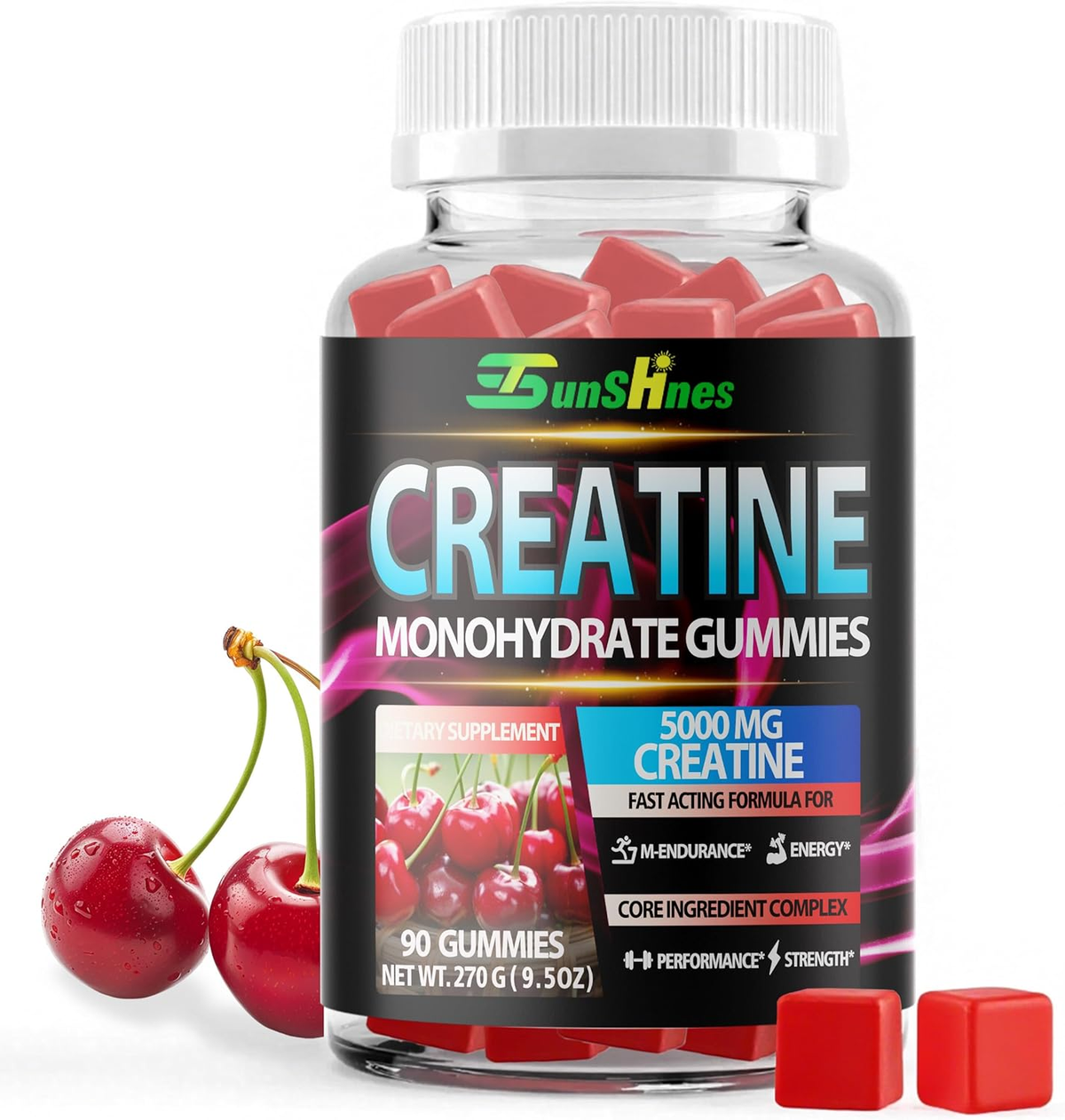 Creatine Monohydrate Gummies 5g (5000mg), Sugar-Free Creatine, Pre-Workout Energy, Veg, Non-GMO, for Men & Women - 90 Count Cherry Flavor