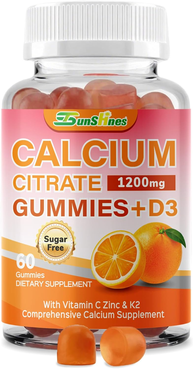 5-in-1 Calcium Citrate Gummies 1200mg with D3, K2, Zinc, VC,Sugar-Free
Non-GMO Chewable; Immune Support,Teeth & Muscle Healthy for Women & Kids; 60 Count; Orange Flavor