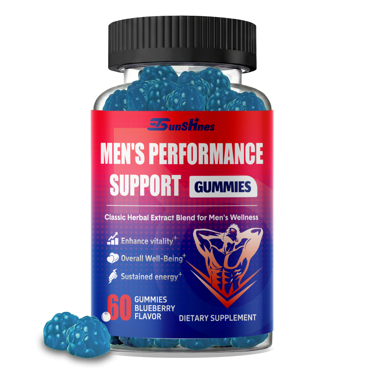 Men's Testosterone Boost Gummies, Sustained Vitality, Supports Energy, Stamina & Performance,Max Size,Male Support Gummies for Physical Health, Natural Blueberry Flavor, 60 Count