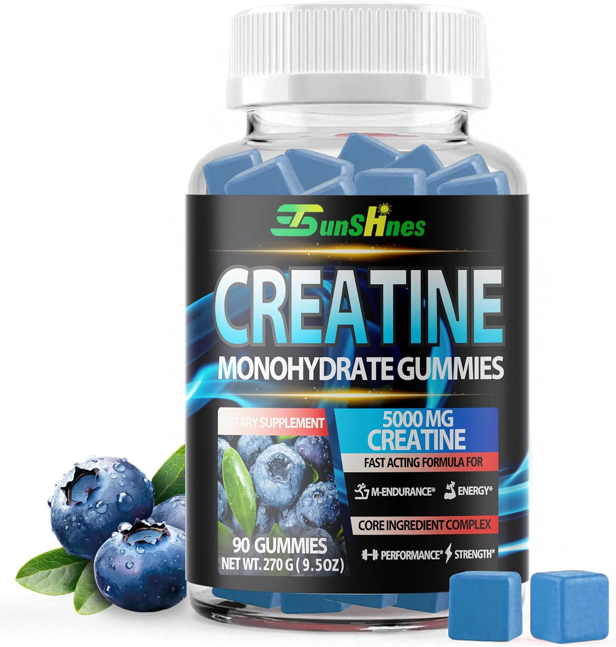 Creatine Monohydrate Gummies 5g (5000mg), Sugar-Free Creatine, Pre-Workout Energy & Muscle, Veg, Non-GMO, for Men & Women - 90 Count Blueberry Flavor