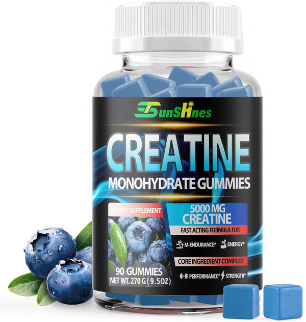 Creatine Monohydrate Gummies 5g (5000mg), Sugar-Free Creatine, Pre-Workout Energy & Muscle, Veg, Non-GMO, for Men & Women - 90 Count Blueberry Flavor
