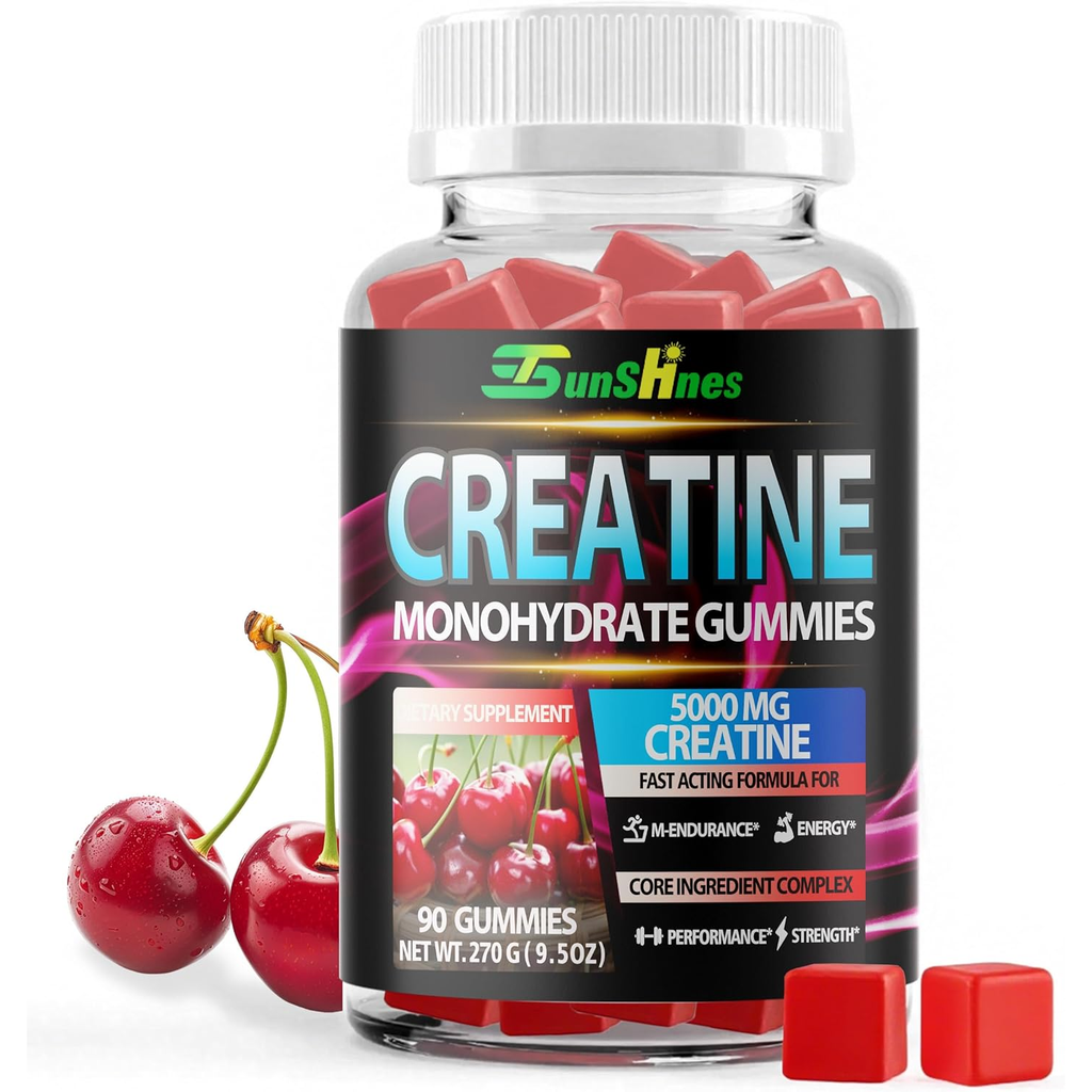 Creatine Monohydrate Gummies 5g (5000mg), Sugar-Free Creatine, Pre-Workout Energy, Veg, Non-GMO, for Men & Women - 90 Count Cherry Flavor