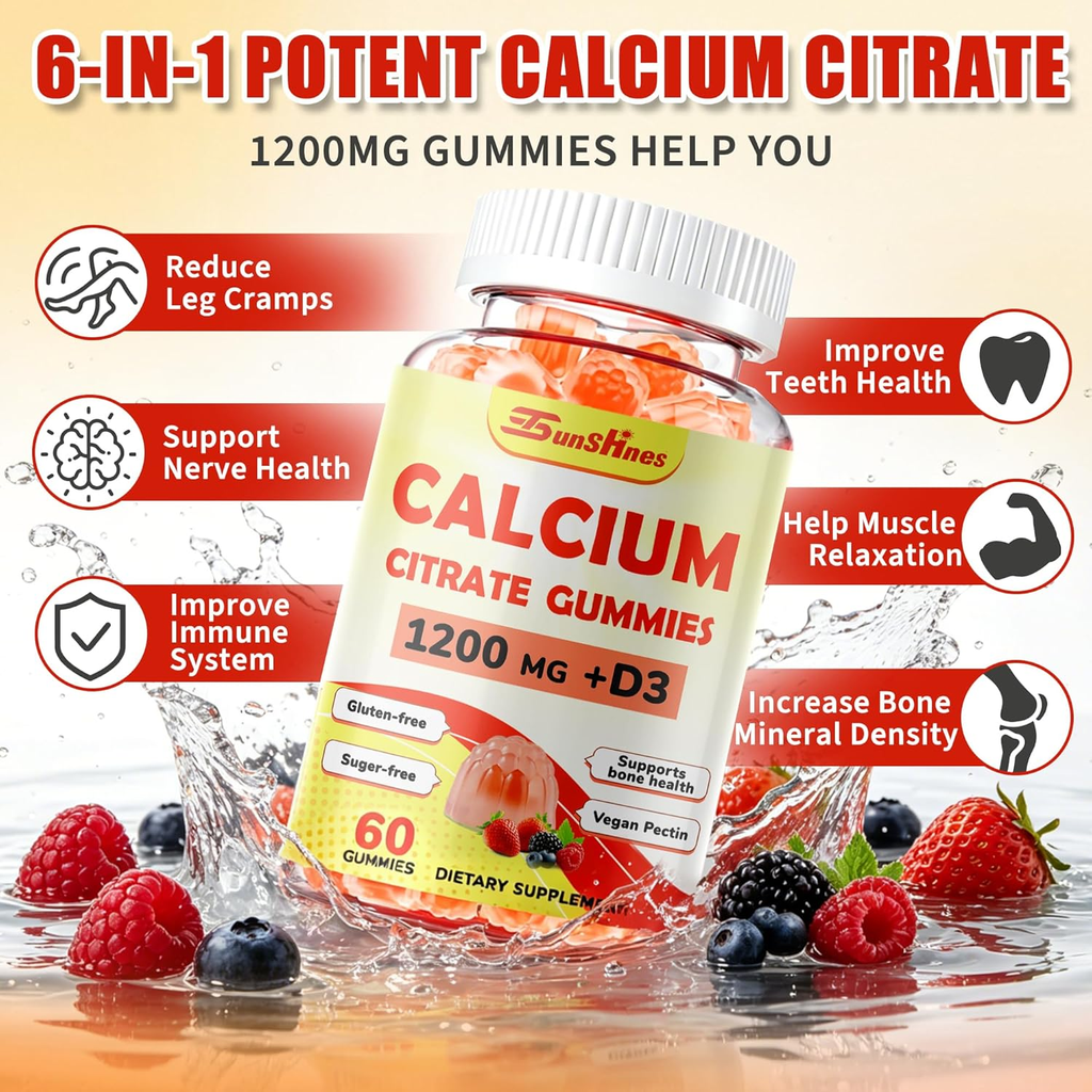 Calcium 1200 mg with Vitamin D3 K2 Gummies,High Absorption for Women and Men with B6, B12, Zinc, Sugar-Free Calcium Supplements Citrate Gummies for Bone, Immune Support (60 Count(Pack of 1))
