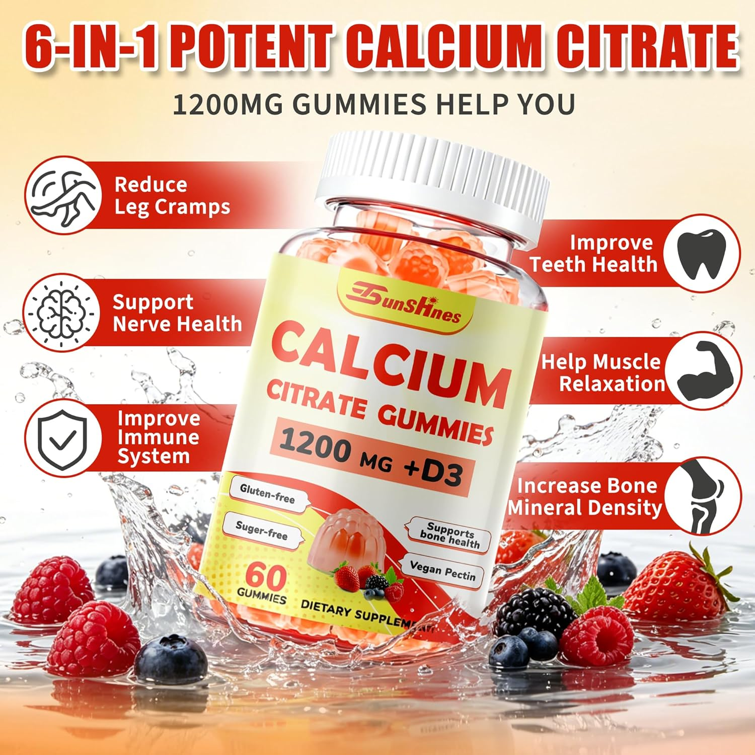 6-in-1 Calcium Gummies 1200mg – Bone & Immune Support with D3 K2, B6, B12 VC & Zinc – High Absorption Citrate, Sugar Free for Women and Kids(60 Count (Pack of 2)) Secondary image