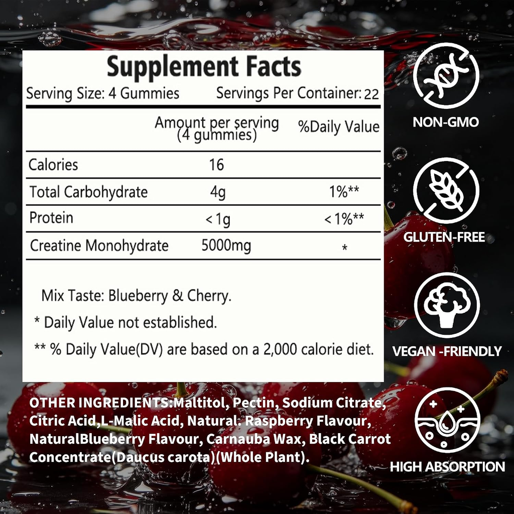 Creatine Monohydrate Gummies 5g (5000mg), Sugar-Free Creatine, Pre-Workout Energy, Veg, Non-GMO, for Men & Women - 90 Count Cherry Flavor
