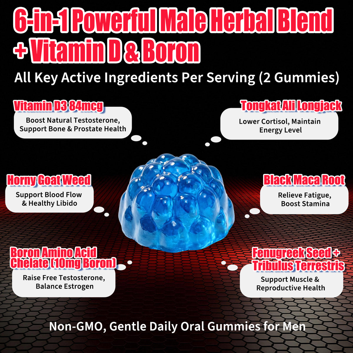 Men's Testosterone Boost Gummies, Sustained Vitality, Supports Energy, Stamina & Performance,Max Size,Male Support Gummies for Physical Health, Natural Blueberry Flavor, 60 Count