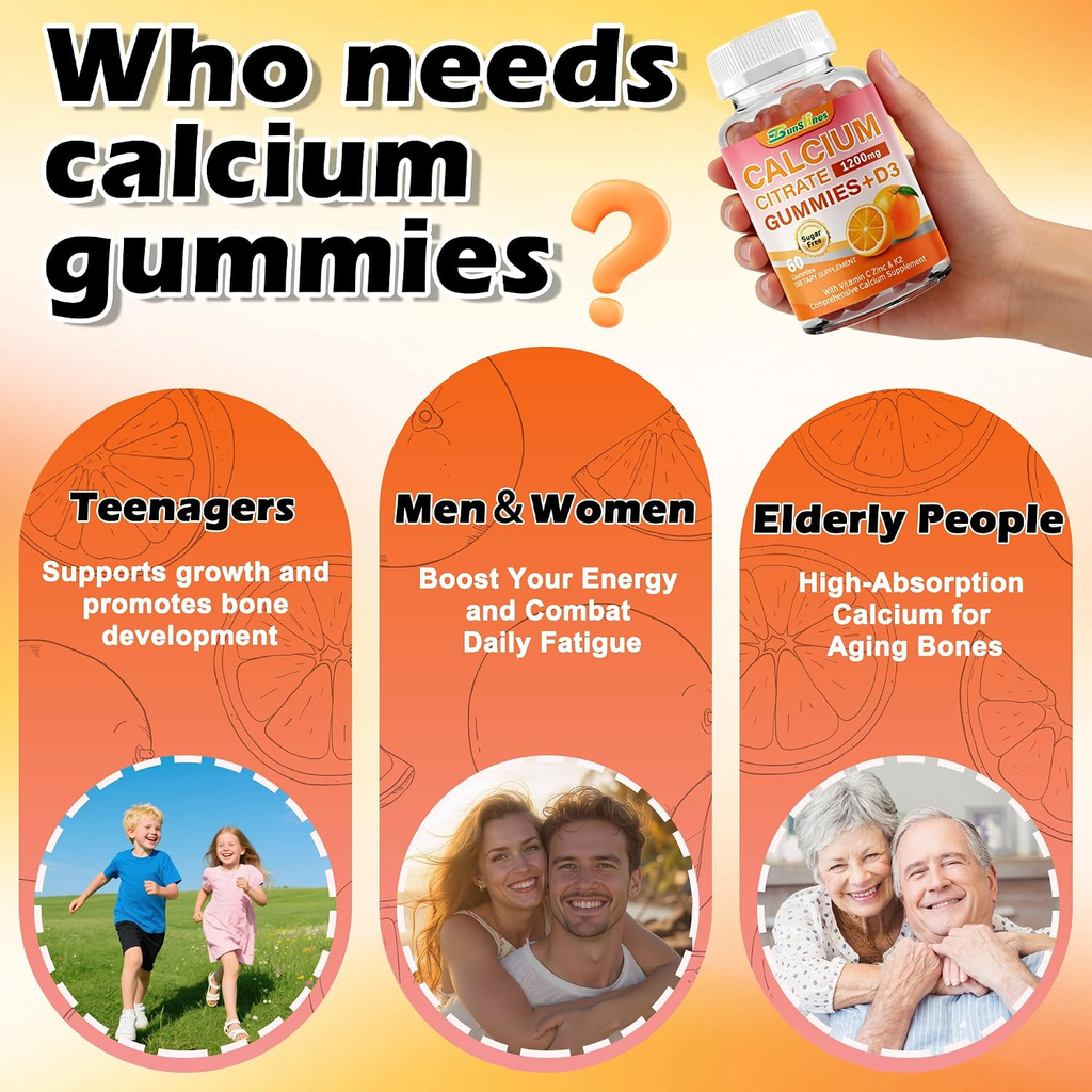 5-in-1 Calcium Citrate Gummies 1200mg with D3, K2, Zinc, VC,Sugar-Free
Non-GMO Chewable; Immune Support,Teeth & Muscle Healthy for Women & Kids; 60 Count; Orange Flavor