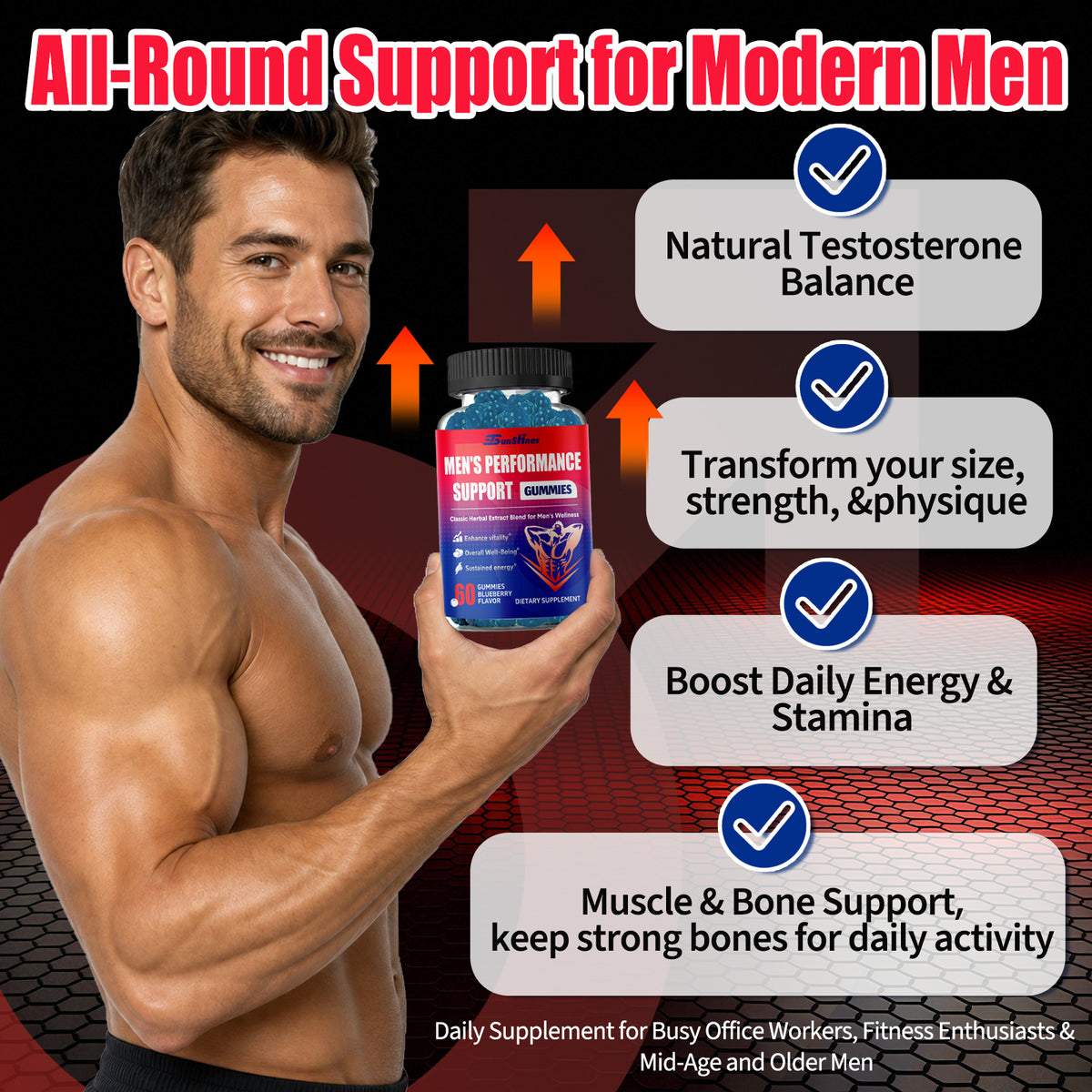 Men's Testosterone Boost Gummies, Sustained Vitality, Supports Energy, Stamina & Performance,Max Size,Male Support Gummies for Physical Health, Natural Blueberry Flavor, 60 Count