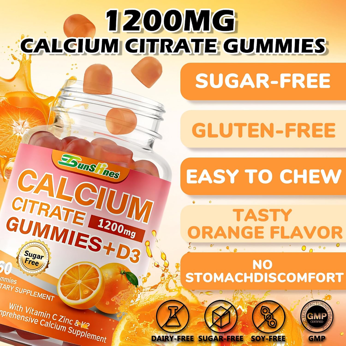 Calcium Citrate Gummies 1200mg,Bone ＆ Immune Support for Women Men
Sugar Free, Non-GMO Chewable; Teeth & Muscle Healthy for Women & Kids; 120 Count; Orange Flavor