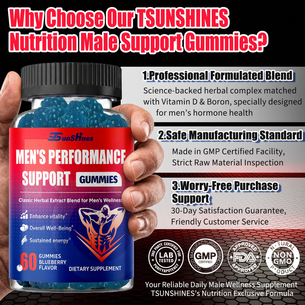 Men's Testosterone Boost Gummies, Sustained Vitality, Supports Energy, Stamina & Performance,Max Size,Male Support Gummies for Physical Health, Natural Blueberry Flavor, 60 Count
