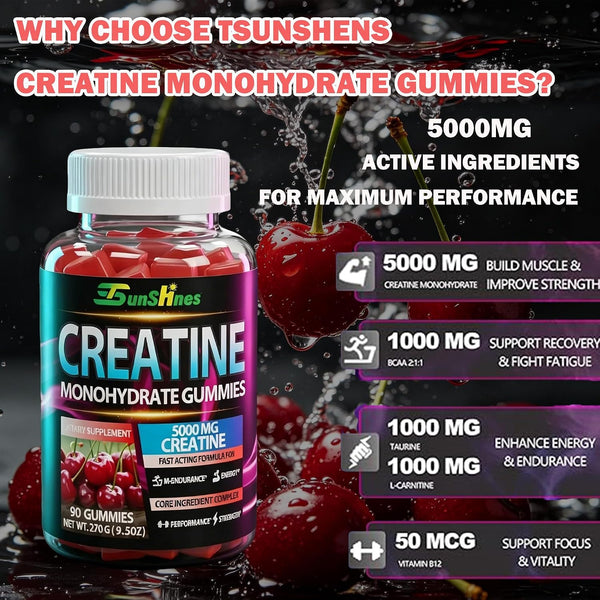 Creatine Monohydrate Gummies 5g (5000mg), Sugar-Free Creatine, Pre-Workout Energy, Veg, Non-GMO, for Men & Women - 90 Count Cherry Flavor