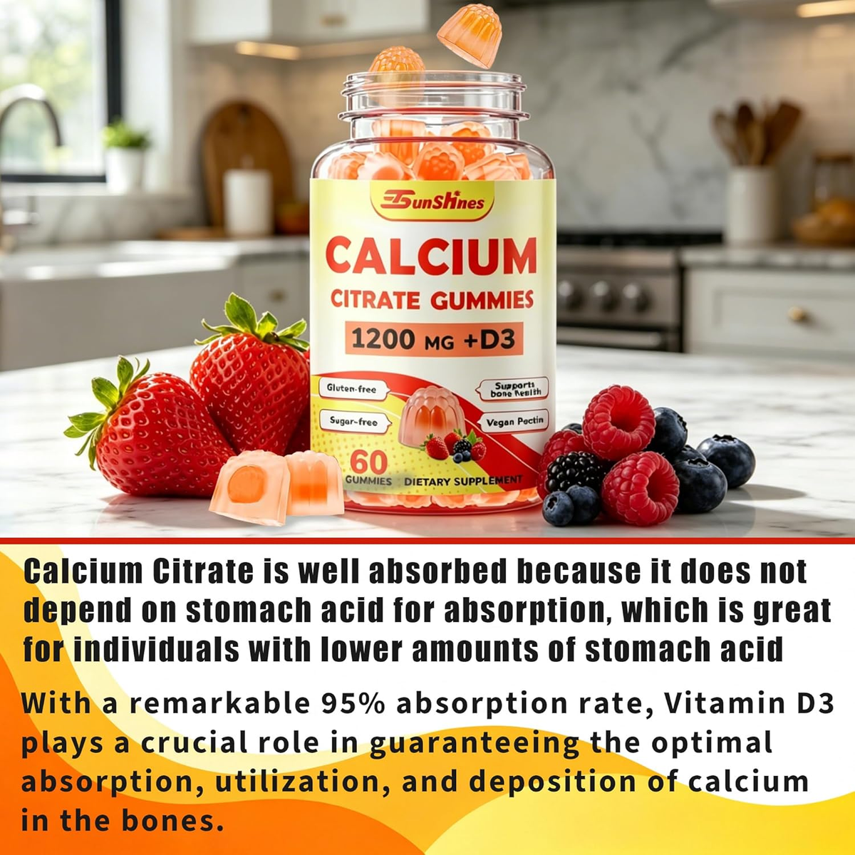 Calcium 1200 mg with Vitamin D3 K2 Gummies,High Absorption for Women and Men with B6, B12, Zinc, Sugar-Free Calcium Supplements Citrate Gummies for Bone, Immune Support (60 Count(Pack of 1))