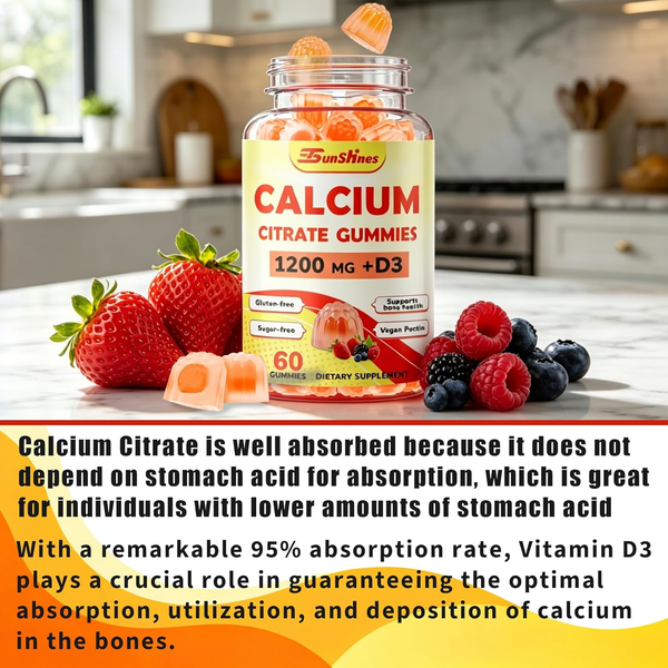 Calcium 1200 mg with Vitamin D3 K2 Gummies,High Absorption for Women and Men with B6, B12, Zinc, Sugar-Free Calcium Supplements Citrate Gummies for Bone, Immune Support (60 Count(Pack of 1))