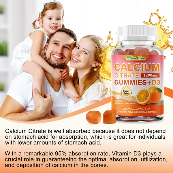 5-in-1 Calcium Citrate Gummies 1200mg with D3, K2, Zinc, VC,Sugar-Free
Non-GMO Chewable; Immune Support,Teeth & Muscle Healthy for Women & Kids; 60 Count; Orange Flavor