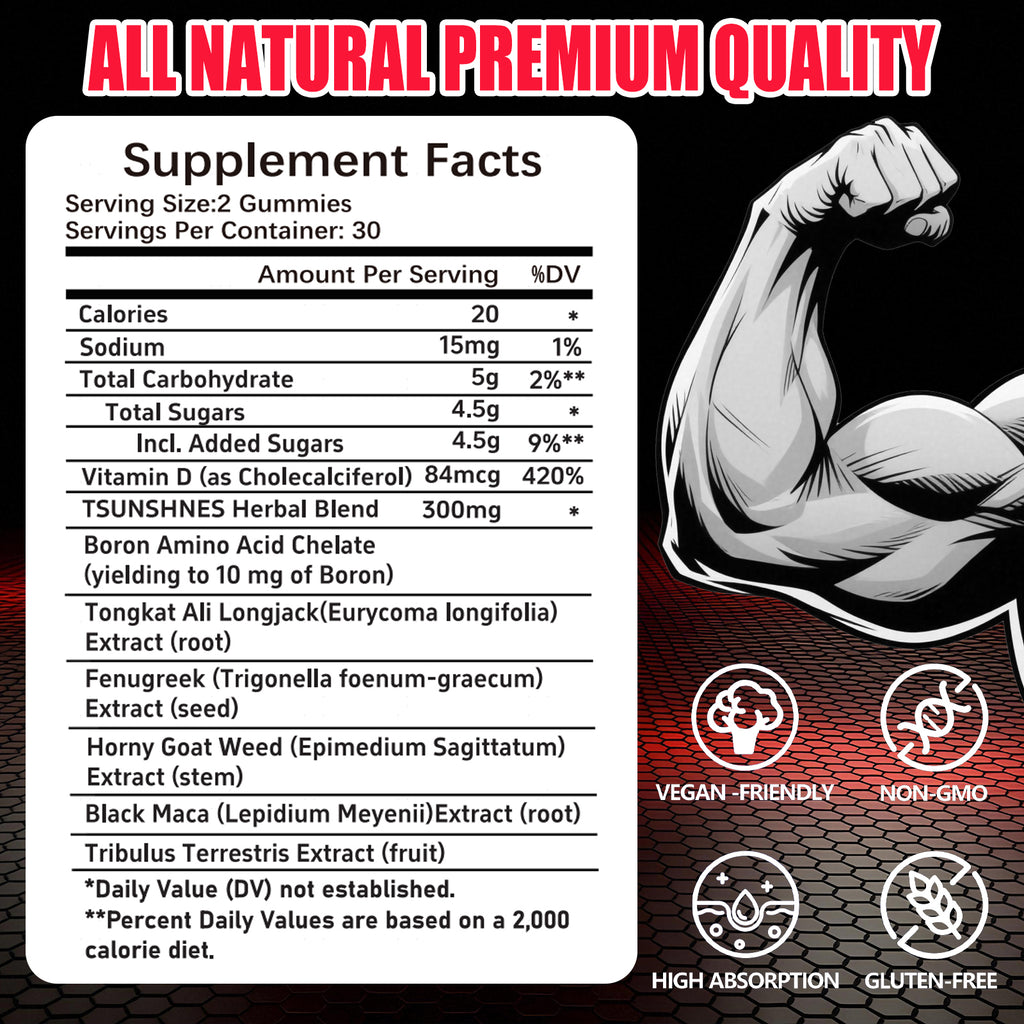 Men's Testosterone Boost Gummies, Sustained Vitality, Supports Energy, Stamina & Performance,Max Size,Male Support Gummies for Physical Health, Natural Blueberry Flavor, 60 Count