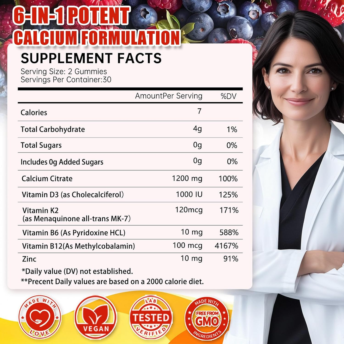 Calcium 1200 mg with Vitamin D3 K2 Gummies,High Absorption for Women and Men with B6, B12, Zinc, Sugar-Free Calcium Supplements Citrate Gummies for Bone, Immune Support (60 Count(Pack of 1))