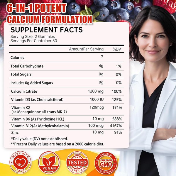 Calcium 1200 mg with Vitamin D3 K2 Gummies,High Absorption for Women and Men with B6, B12, Zinc, Sugar-Free Calcium Supplements Citrate Gummies for Bone, Immune Support (60 Count(Pack of 1))