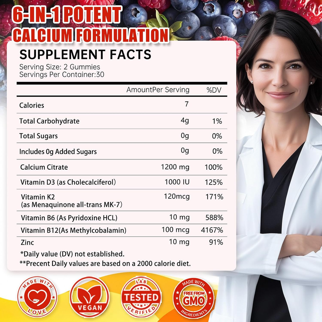 6-in-1 Calcium Gummies 1200mg – Bone & Immune Support with D3 K2, B6, B12 VC & Zinc – High Absorption Citrate, Sugar Free for Women and Kids(60 Count (Pack of 2))