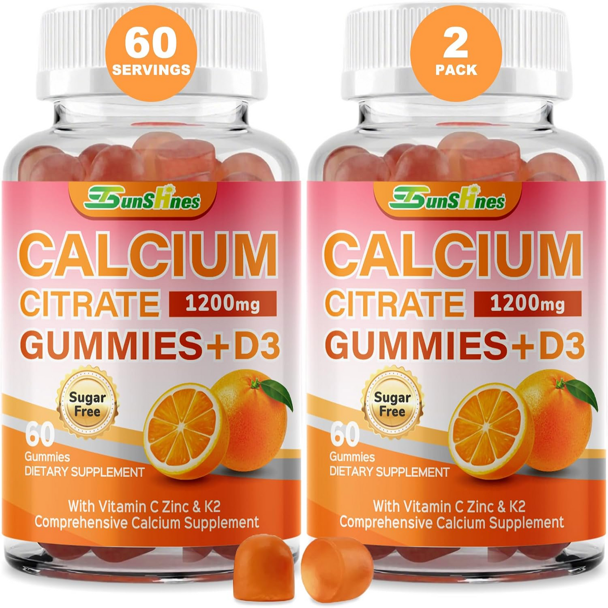 Two bottles of SunSines Calcium Citrate 1200mg Gummies + D3 shown side by side as a 2-pack, with orange gummies visible through clear bottles and orange labels on a white background. Main image